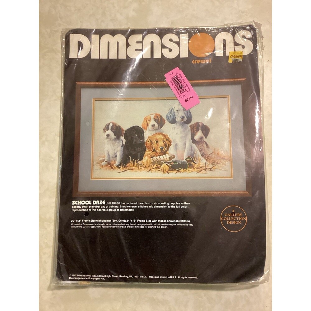 Dimensions Puppies in Training Vtg Crewel Kit NIP NOS 24x16 School Daze 1342